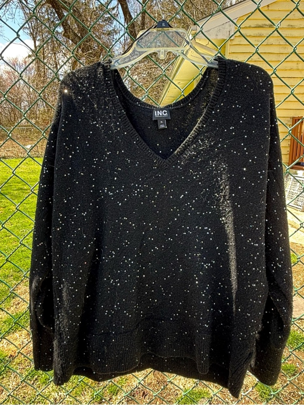 INC International Concepts Black V-Neck Sweater with Silver Sequin Speckles